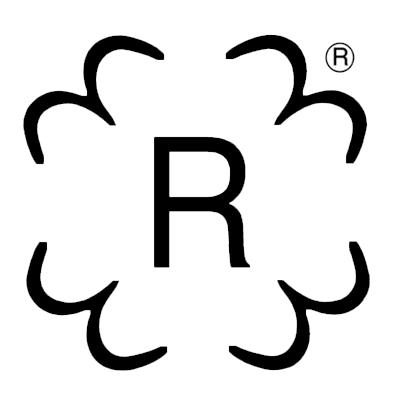 A bold letter R is centered within a decorative border made of curved lines, resembling petals or brackets. A registered trademark symbol (®) appears in the upper right corner.