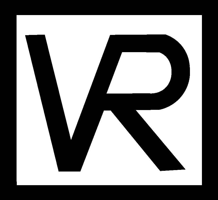 Black letters V and R are creatively combined in a bold, stylized font within a white rectangular background and a black border.