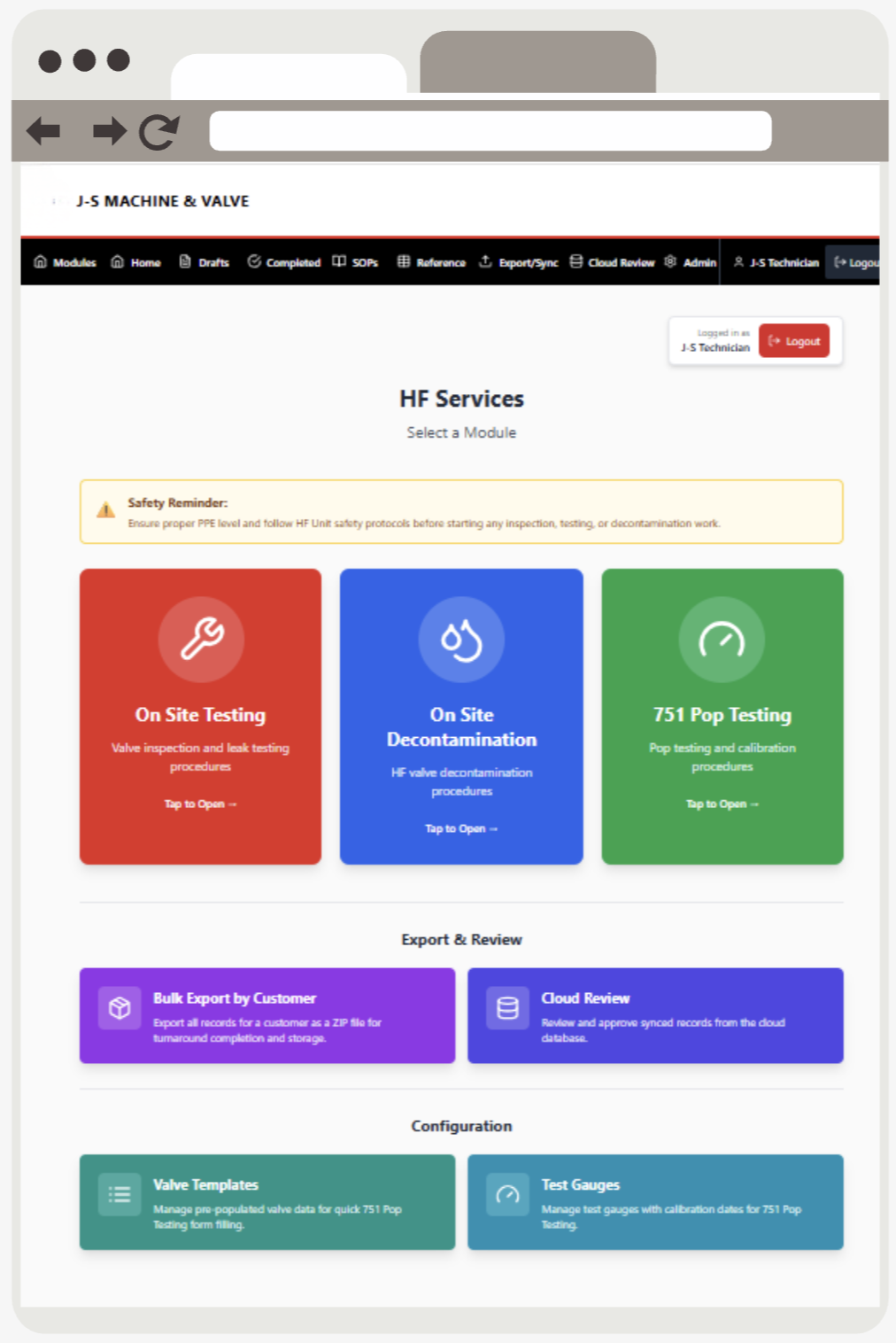A web dashboard for HF Services displays colorful modules for On Site Testing, On Site Decontamination, and 751 Pop Testing, along with sections for export, review, and configuration options.