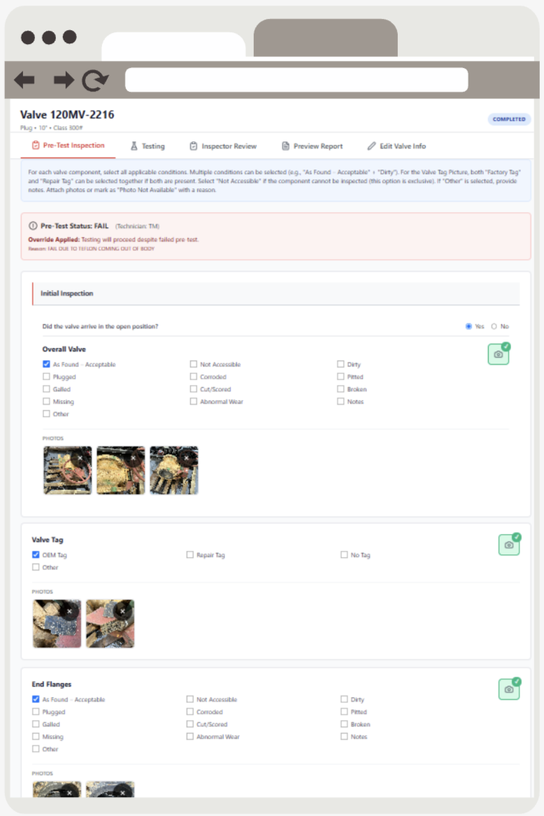 A digital inspection form for a valve is displayed on a tablet screen. Sections include overall valve, valve tag, and end flanges with checkboxes, images of valve parts, and notes about inspection status and findings. A digital inspection form for a valve is displayed on a tablet screen. Sections include overall valve, valve tag, and end flanges with checkboxes, images of valve parts, and notes about inspection status and findings.